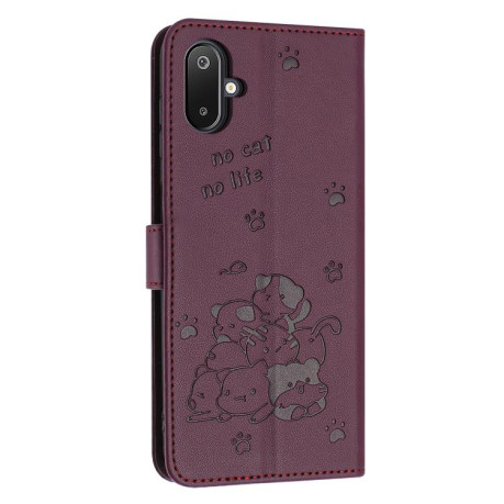 Чехол-книжка Embossed Kitten Phone Leather для Samsung Galaxy M06 5G - винно-червоний