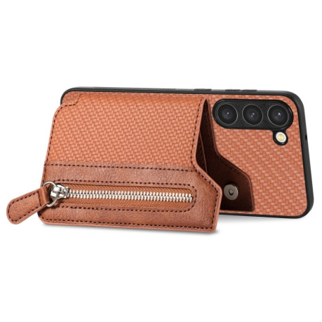 Противоударный чехол Carbon Ffiber Flip Zipper Wallet для Samsung Galaxy S23+Plus 5G - коричневый