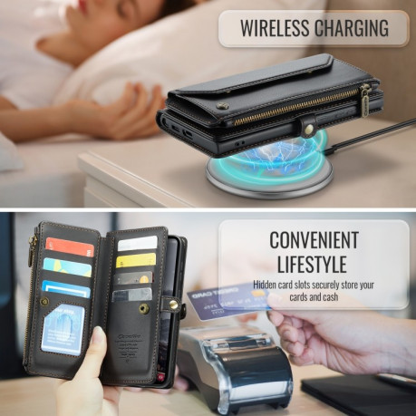 Чохол-книжка CaseMe C36 Card Slots Zipper Wallet RFID Anti-theft Leather для Samsung Galaxy S24 FE 5G - чорний
