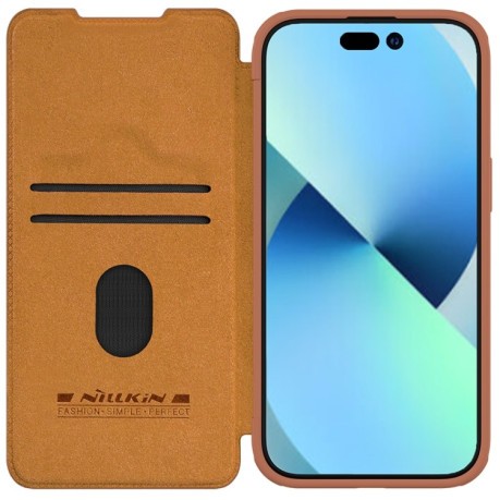 Кожаный чехол-книжка Nillkin Qin Series для iPhone 15 Plus - коричневый