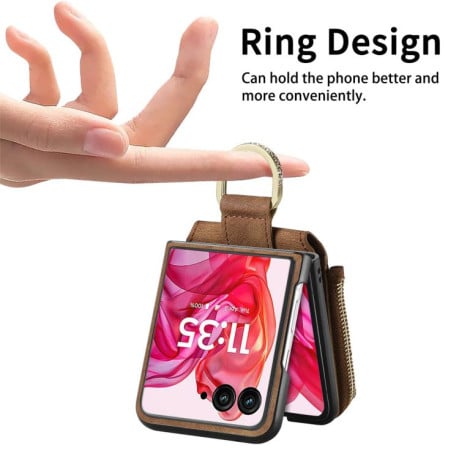 Чехол Cross Leather Ring Vertical Zipper Wallet для Motorola Razr 60 Ultra - коричневий