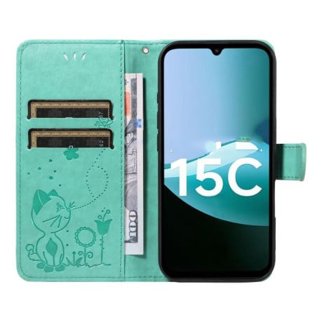 Чехол-книжка Cat Embossing Pattern на Xiaomi Redmi 15C 5G / 4G EU 173mm - зеленый