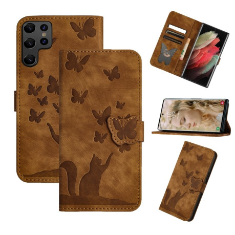 Чехол-книжка Cat Embossing Pattern на Samsung Galaxy S25 Ultra 5G - коричневый