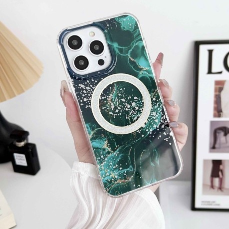 Чехол IMD Marble Magsafe для iPhone 15 - зеленый