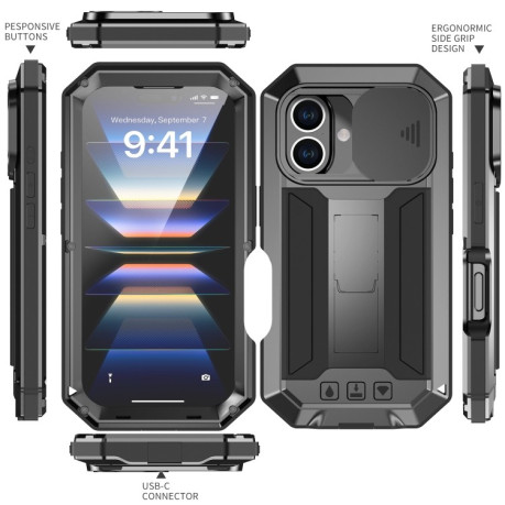 Противоударный чехол R-JUST Sliding для iPhone 16  - черный
