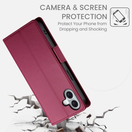 Чехол-книжка Side Buckle Magnetic Frosted Leather для iPhone 16 Plus - винно-красный