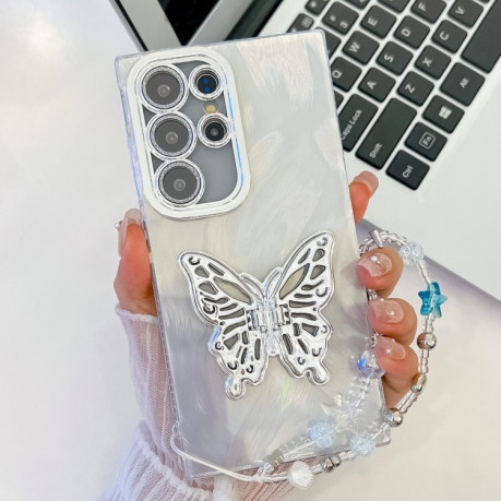 Противоударный чехол Plating Glitter Lens Film Texture Butterfly Holder Wristband для Samsung Galaxy S25 Ultra 5G - White Feather Yarn