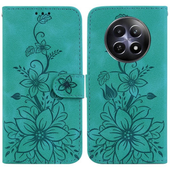 Чехол-книжка с тиснением Lily и магнитной застежкой на Realme 13 5G/12 5G/12X 5G - зеленый
