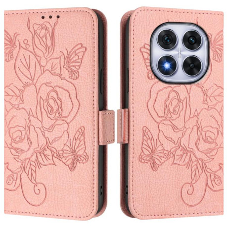Чехол-книжка Embossed Rose RFID Anti-theft Leather для Xiaomi Redmi Note 14 Pro 4G - розовый