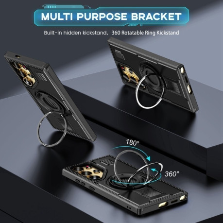 Противоударный чехол Ring Holder Carbon Fiber PC Hybrid TPU для Samsung Galaxy S25 Ultra 5G - черный