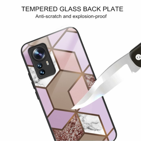 Противоударный стеклянный чехол Marble Pattern Glass на Xiaomi 12 Pro - Rhombus Orange Purple