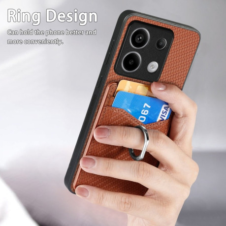Противоударный чехол Carbon Fiber Card Wallet Ring Holder для Xiaomi Redmi Note 13 Pro 5G/Poco X6 5G - коричневый