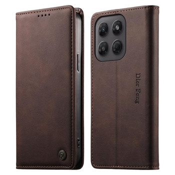 Чехол-книжка  Dierfeng Metal Snap Magnetic RFID Vegan Leather на Motorola Edge 70 Pro 5G — тёмно-коричневый