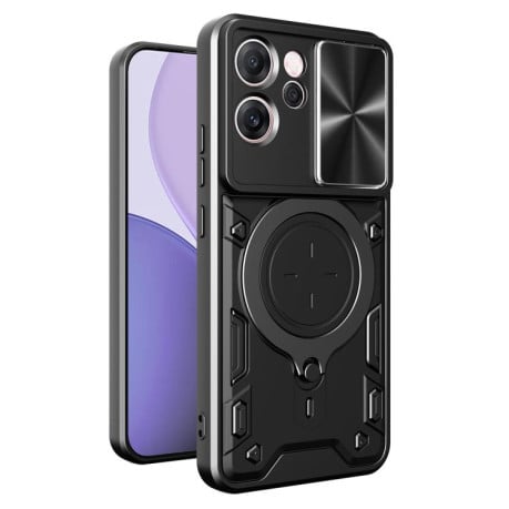Чехол со шторкой камеры CD фактурой и подставкой на OPPO Reno14 F 5G Global - черный