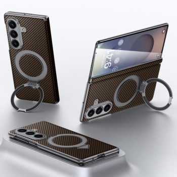 Чохол Sulada з фактурою кевлара та MagSafe-тримачем на Samsung Galaxy Fold 7 5G — коричневий