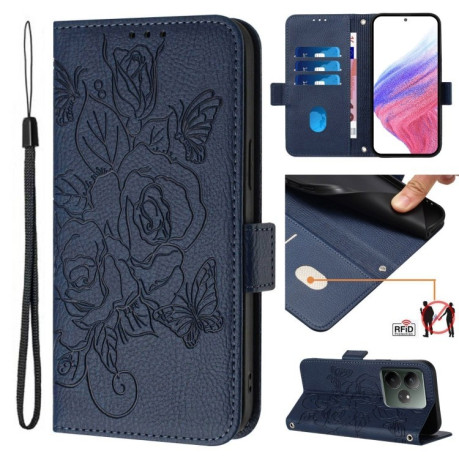 Чехол-книжка Embossed Rose RFID Anti-theft Leather для Realme GT 6T 5G Global - синий