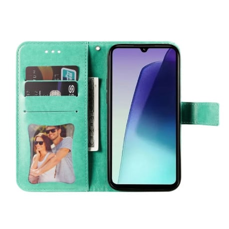 Чехол-книжка 7-petal Flowers Embossing для Xiaomi Redmi 14C 4G/Poco C75/Redmi A4 5G - зеленый