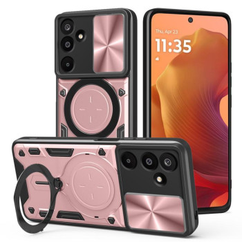 Чехол со шторкой камеры CD фактурой и подставкой на Samsung Galaxy M16 5G - розовый