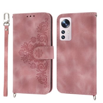 Чохол-книжка Skin-feel Flowers Embossed для Xiaomi 12 Pro - рожевий