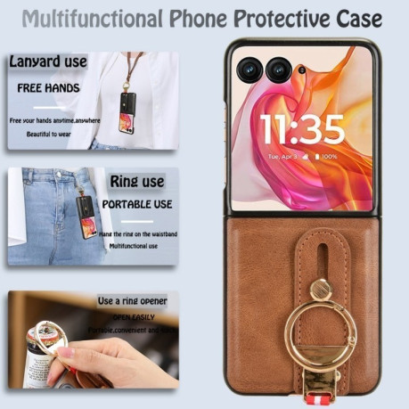 Противоударный чехол Wristband Leather Back для Motorola Razr 50 Ultra - коричневый