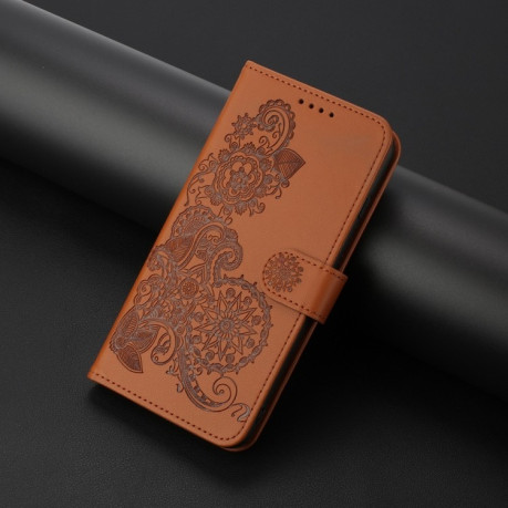 Чехол-книжка Embossed Flower Zipper Leather на Redmi Note 14 5G/Poco M7 Pro 5G - коричневый