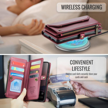 Чехол-книжка CaseMe C36 Card Slots Zipper Wallet RFID Anti-theft Leather для Google Pixel 9a - винно-красный