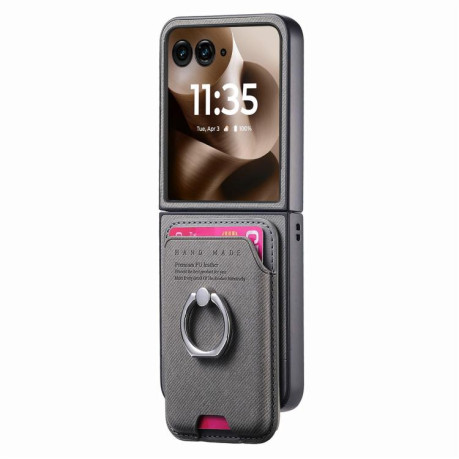 Противоударный чехол Twill Fabric Card Bag Ring Magnetic для Motorola Moto Razr 60 Ultra 5G - сірий
