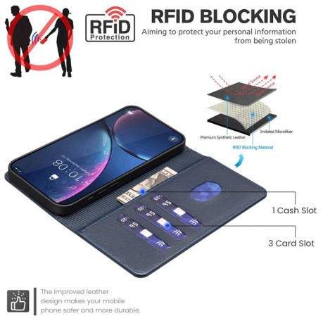 Чехол-книжка Litchi Texture RFID Anti-theft Leather для Xiaomi Redmi Note 14 4G - синий
