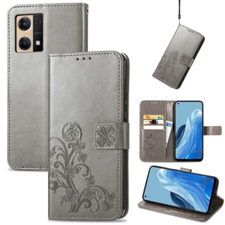 Чохол-книжка Four-leaf Clasp Embossed на OPPO Reno7 4G - сірий