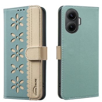 Чехол-книжка Splicing Color Hollow Flower Pattern RFID для Xiaomi Poco F7 5G - зеленый