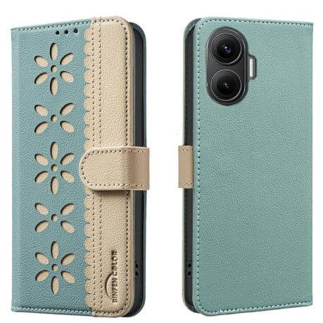 Чехол-книжка Splicing Color Hollow Flower Pattern RFID для Xiaomi Poco F7 5G - зеленый