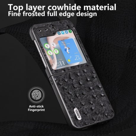Противоударный кожаный чехол ABEEL Genuine Leather Ostrich Texture для Samsung Galaxy Flip 5 - черный