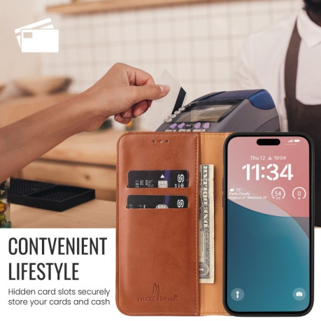 Шкіряний чохол-книжка Fierre Shann Genuine leather для iPhone 16 Plus - коричневий