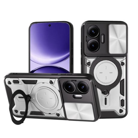Чехол со шторкой камеры CD фактурой и подставкой на Xiaomi Poco F7 - серебристый