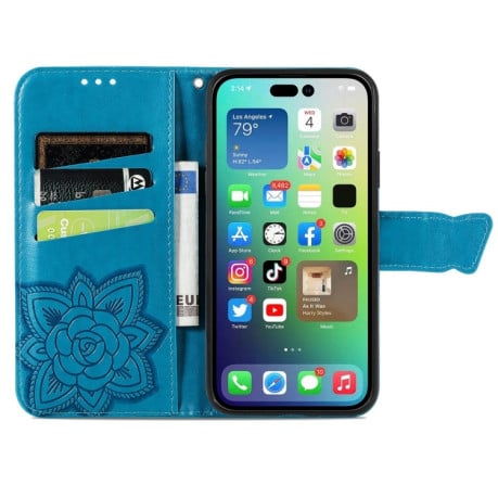 Чехол-книжка Butterfly Love Flower Embossed для iPhone 15 Pro - синий