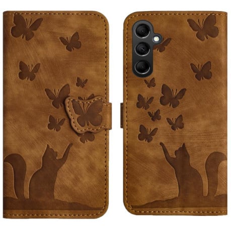 Чохол-книжка з тисненням Butterfly Cat м'яка фактура з магнітним хлястиком на Samsung Galaxy S25 FE 5G - коричневий