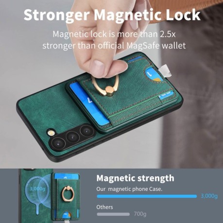 Противоударный чехол Retro Splitable Magnetic Card для Samsung Galaxy S24+ 5G - зеленый