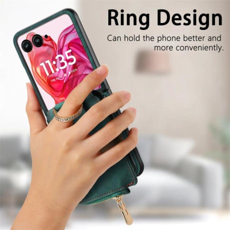 Чохол Cross Leather Ring Vertical Zipper Wallet для Motorola Razr 60 Ultra - зелений