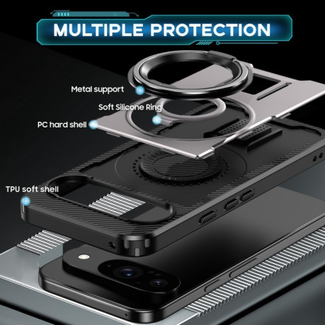 Протиударний чохол Ring Holder Carbon Fiber PC Hybrid TPU для Google Pixel 9/9 Pro - сірий