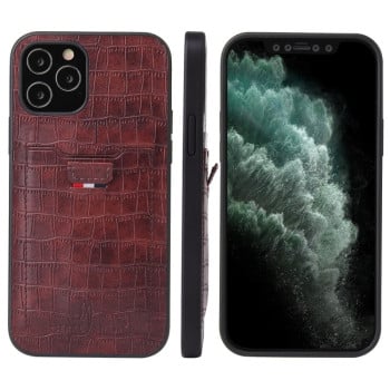 Противоударный чехол Fierre Shann Crocodile Texture для iPhone 12 / 12 Pro - коричневый