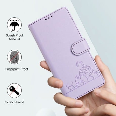 Чехол-книжка Cat Embossing Pattern на Realme GT 6T 5G Global - фиолетовый