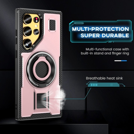 Протиударний чохол Ring Holder Carbon Fiber PC Hybrid TPU  для Samsung Galaxy S25 Ultra 5G - рожеве золото