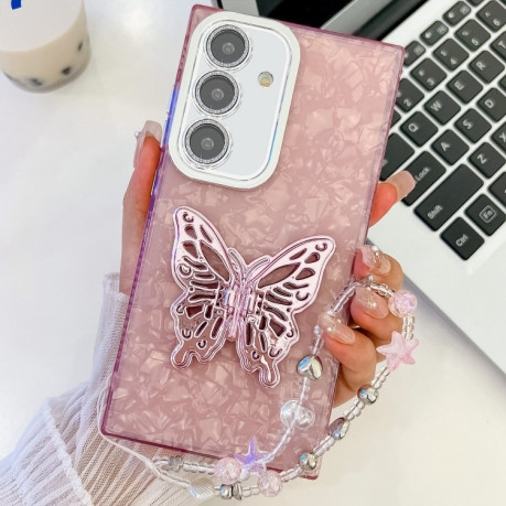 Протиударний чохол Plating Glitter Lens Film Texture Butterfly Holder Wristband для Samsung Galaxy S25+ 5G - Pink Shell Pattern