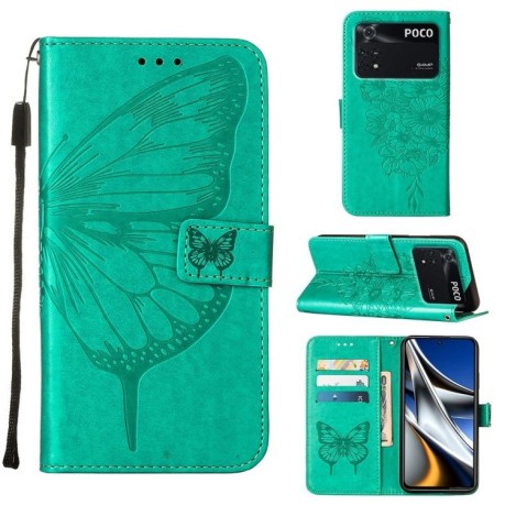 Чехол-книжка Embossed Butterfly для Xiaomi Poco M4 Pro 4G - зеленый