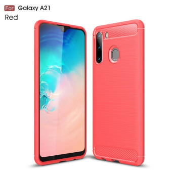 Чехол Brushed Texture Carbon Fiber на Samsung Galaxy A21 - красный