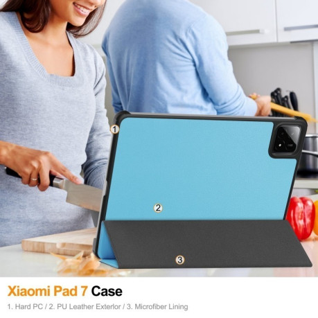 Чехол Custer Texture Three-folding Sleep/Wake-up для Xiaomi Pad 7 / 7 Pro- черный - голубой