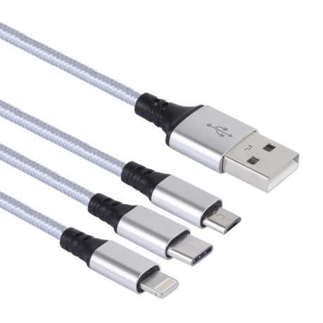 Универсальный Зарядный кабель 2A 1.2m 3 in 1 USB to 8 Pin &amp; USB-C / Type-C &amp; Micro USB Nylon Weave Charging Cable