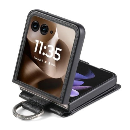 Протиударний чохол Litchi Texture Leather Ring Wallet  на Motorola Razr 60 Ultra - чорний