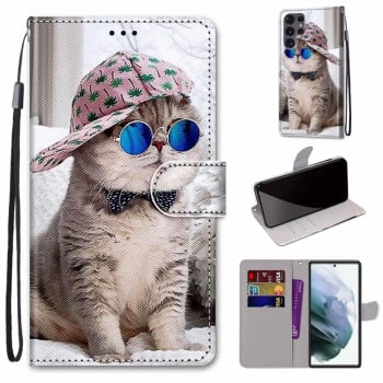 Чехол-книжка Coloured Drawing Cross для Samsung Galaxy S22 Ultra 5G - Oblique Hat Blue Mirror Cat