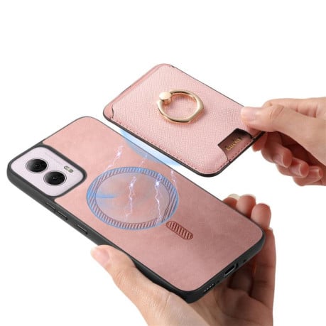 Чехол Retro Cross Leather Ring Vertical Insert Card Bag MagSafe для Motorola Moto G35 5G - розовый